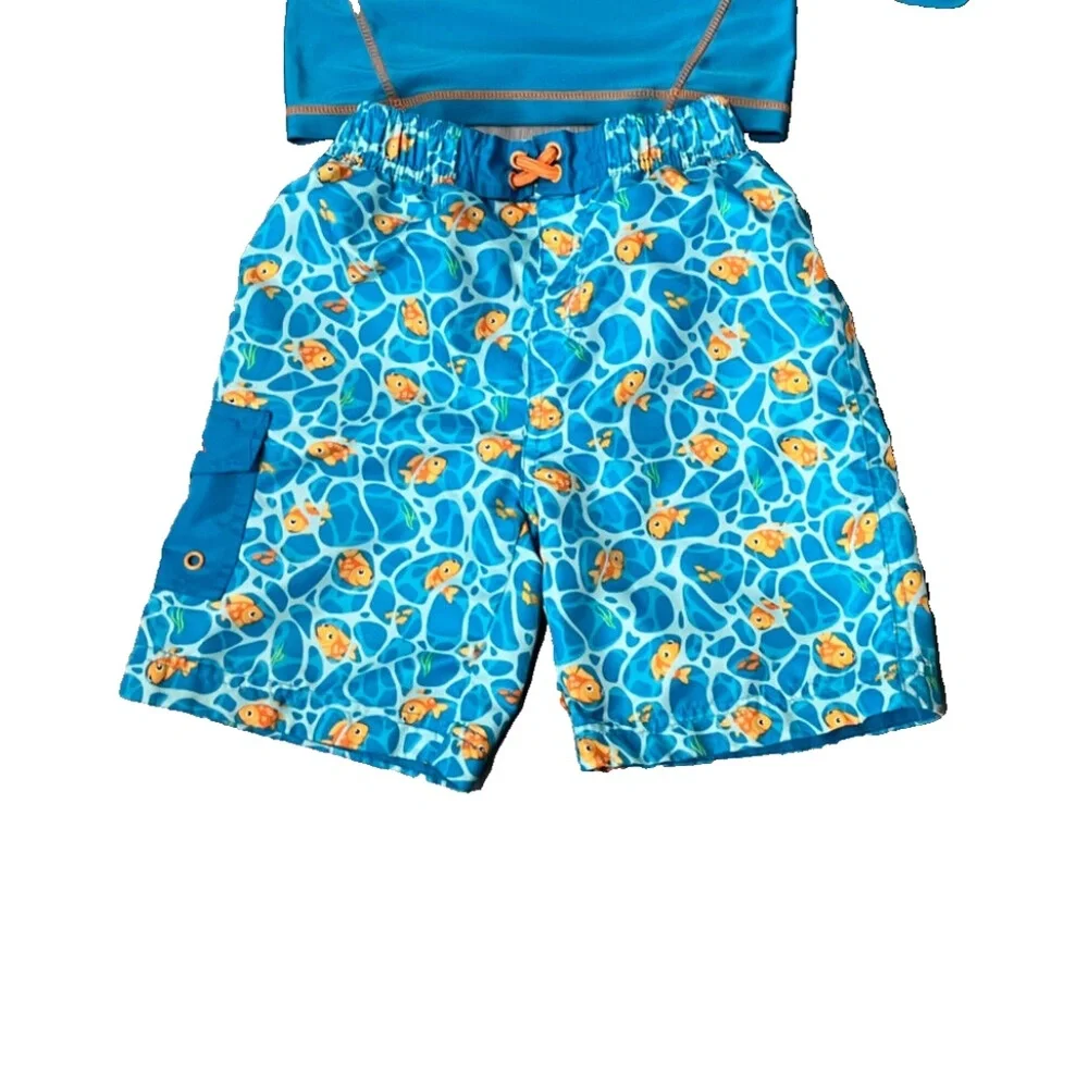 UV Skinz Boys Matching Snorkle Rash Guard Top, Fish Swim Trunks & Hat Size 7